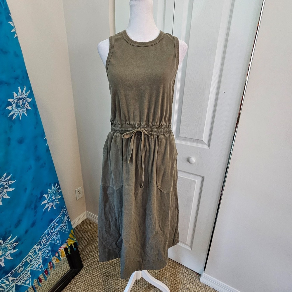Michael Stars Olive Green Sleeveless Linen Blend Drawstring Waist Midi‎ Dress S